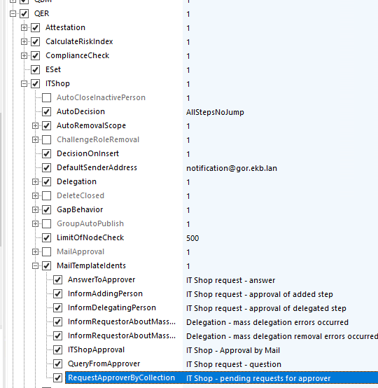 QER Attestation CalculateRiskIndex ComplianceCheck ESet ITShop AutoCloseInactivePerson AutoDecision AutoRemovaIScope ChallengeRoIeRemovaI DecisionOnInsert DefaultSenderAddress Delegation DeleteCIosed Gapaehavior GroupAutoPubIish LimitOfNodeCheck Mail-approval MailTempIateIdents AnswerTcApprover InformAddingPerson InformDeIegatingPerson InformRequestorAboutMass.. InformRequestorAboutMass... ITShopApprovaI QueryFromApprover RequestÅpproverS}CoIIection AllStepsNoJump [redacted-email] IT Shop request - answer IT Shop request - approval of added step IT Shop request - approval of delegated step Delegation - mass delegation errors occurred Delegation - mass delegation removal errors occurred IT Shop - Approval by Mail IT Shop request - question IT Shop -pending requests for approver 